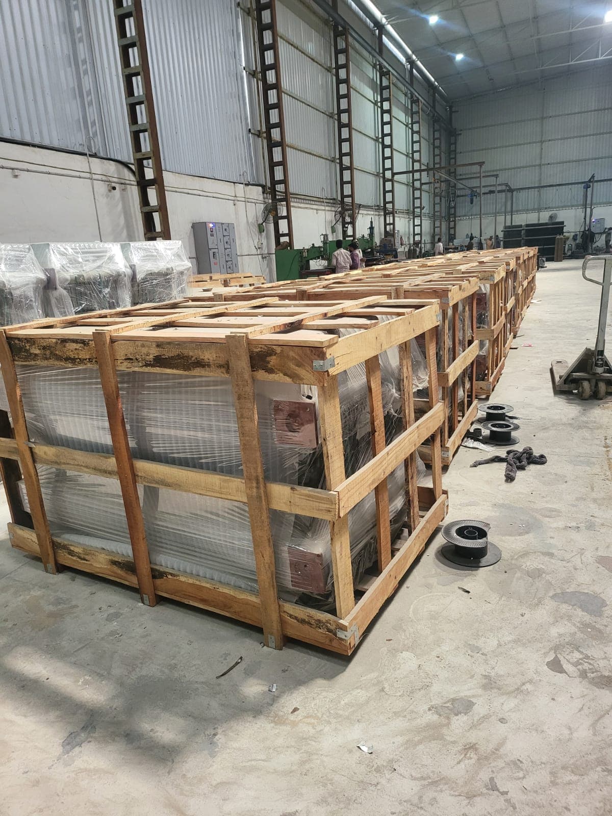 Finished pressed steel radiators staged for packaging